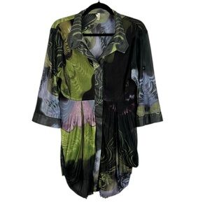 Lindi Artsy Floral 3/4 Roll Tab Sleeve Pleated Flowy Tunic Blouse Large Green